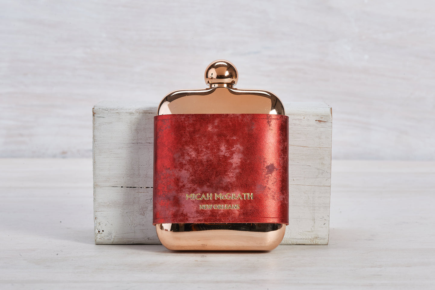 Rose Gold Stainless Steel Flask With Red Leather Sleeve