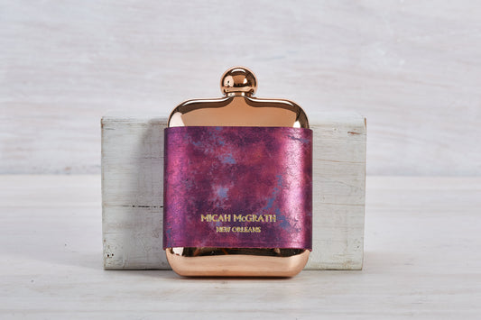 Rose Gold Stainless Steel Flask with Purple Leather Sleeve