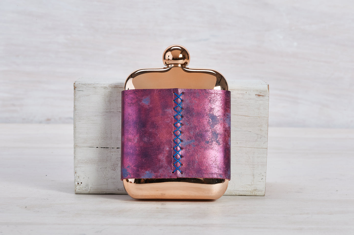Rose Gold Stainless Steel Flask with Purple Leather Sleeve