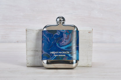 Silver and Blue Steel Flask Leather Sleeve