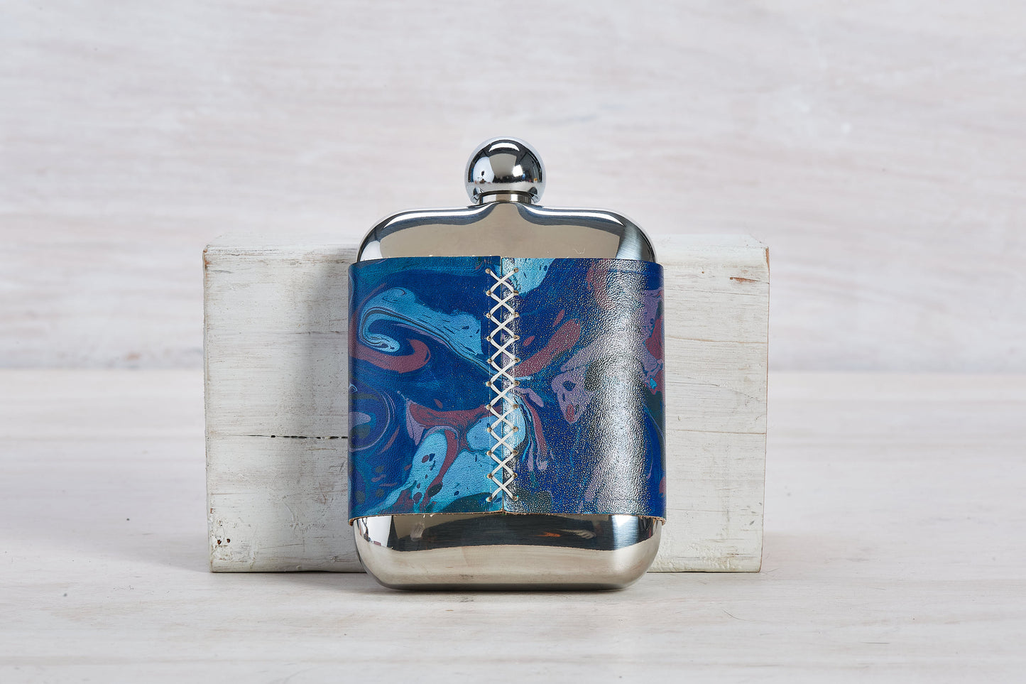 Silver and Blue Steel Flask Leather Sleeve