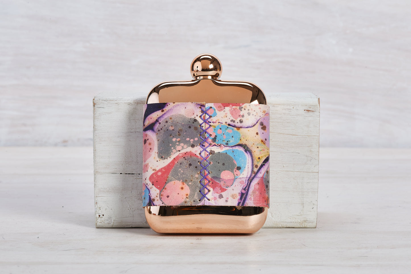 Rose Gold Stainless Steel Flask with Marbled Leather Sleeve