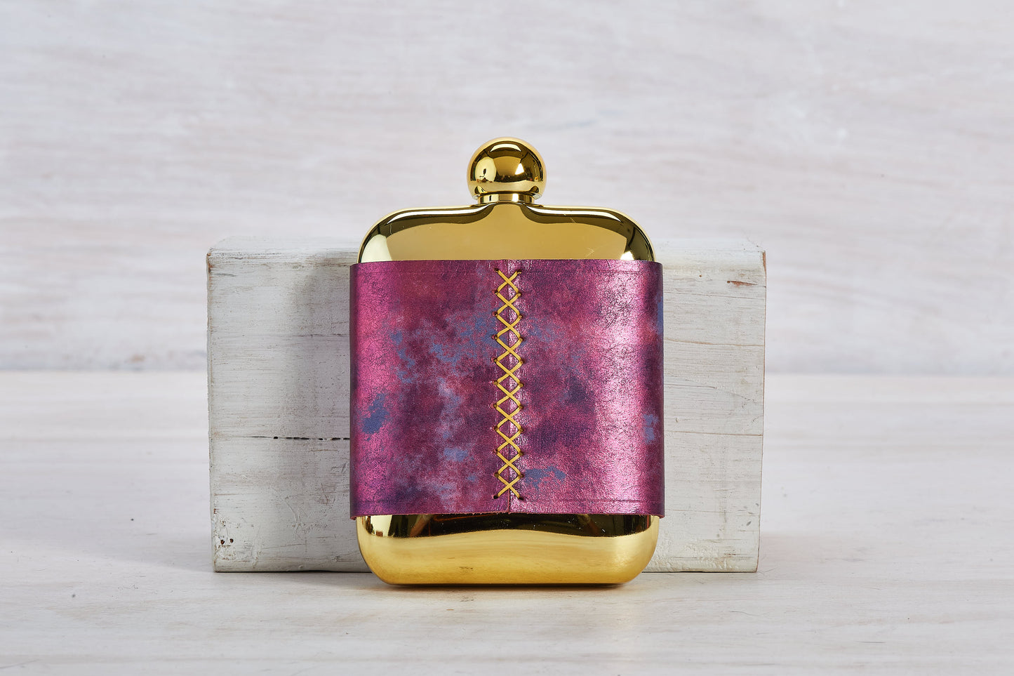 Gold and Purple Steel Flask Leather Sleeve