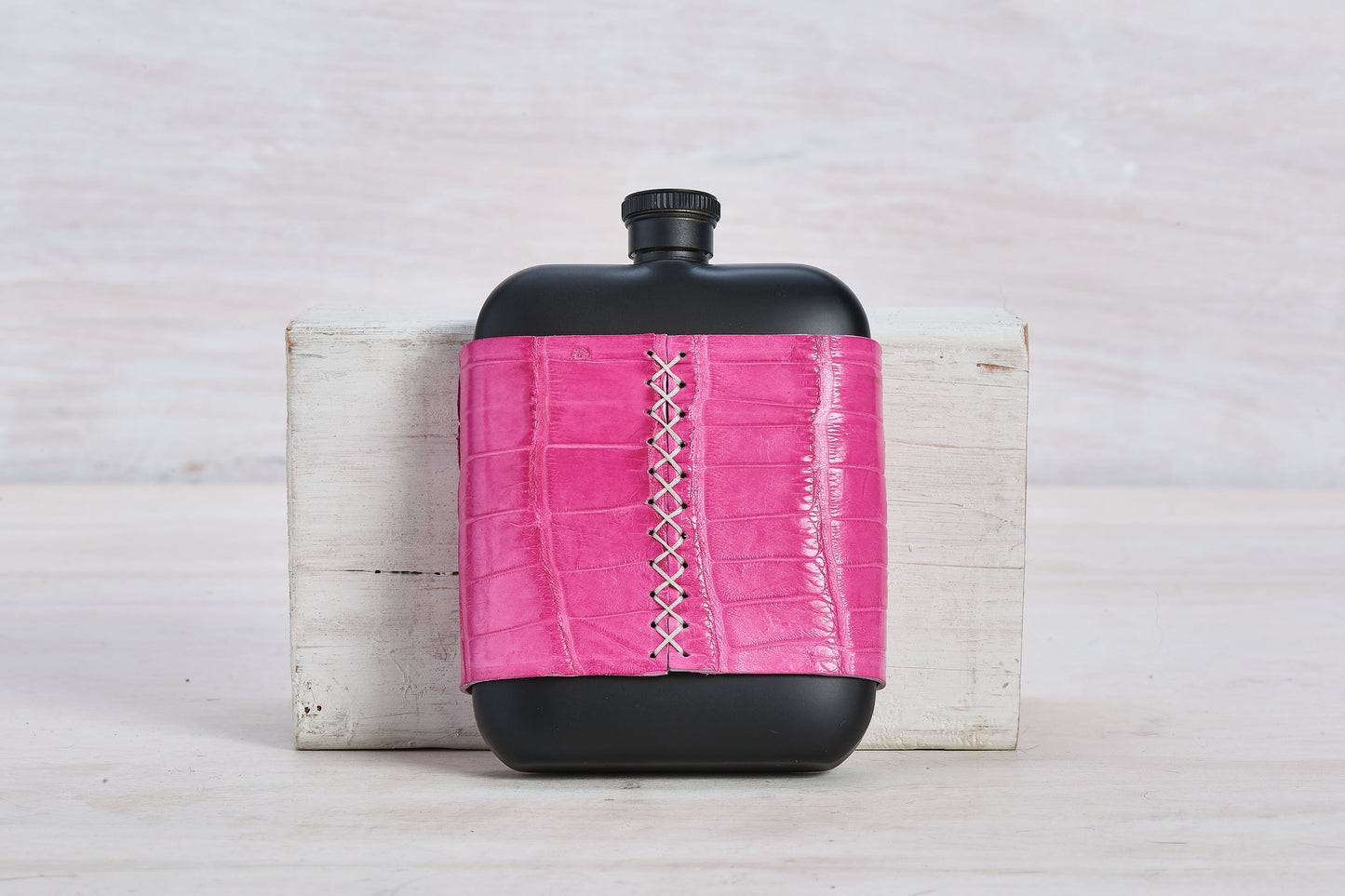 Hot Pink Croc Skin Flask - back with cross stitch