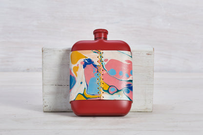 Red Stainless Steel Flask With Marbled Leather Sleeve
