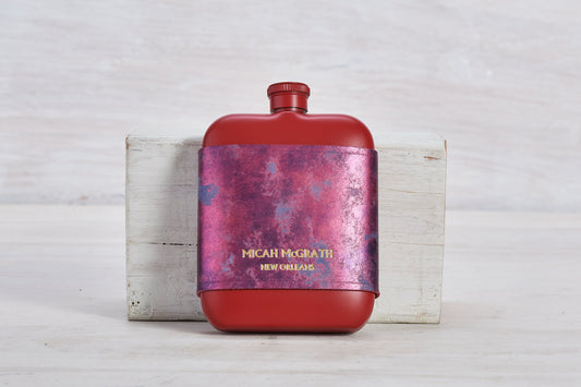 Red Stainless Steel Flask With Magenta Leather Sleeve