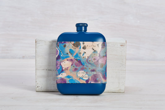 Blue Stainless Steel Flask With Marbled Leather Sleeve