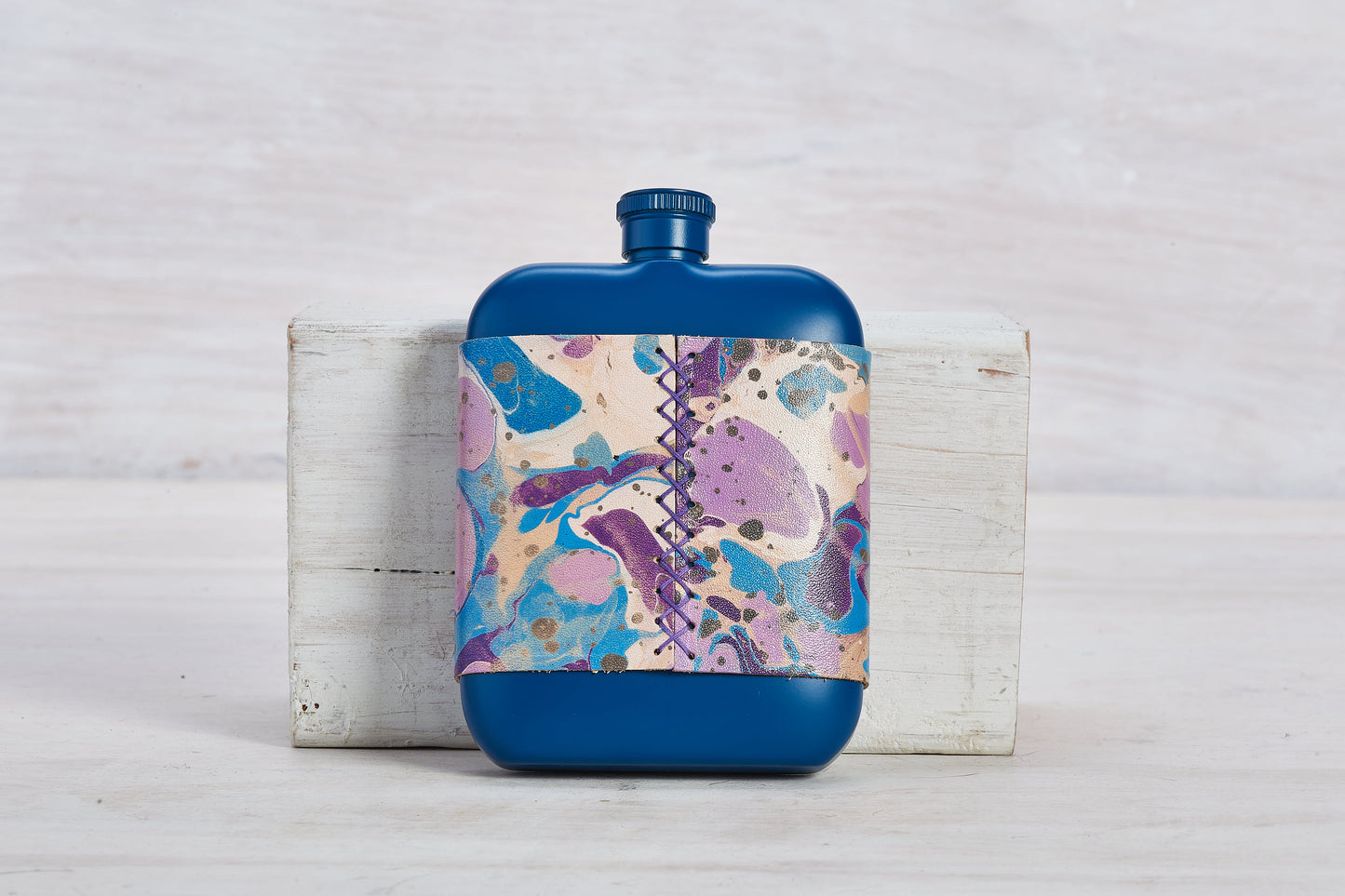 Blue Stainless Steel Flask With Marbled Leather Sleeve